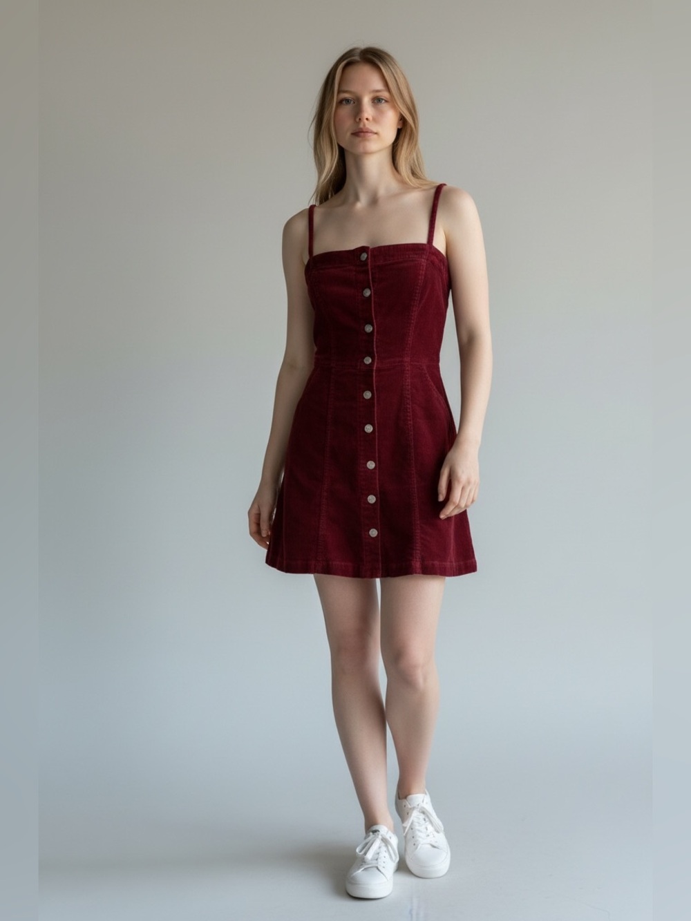H&M Divided Corduroy Y2K Burgundy Mini Dress with Button Detail, size small